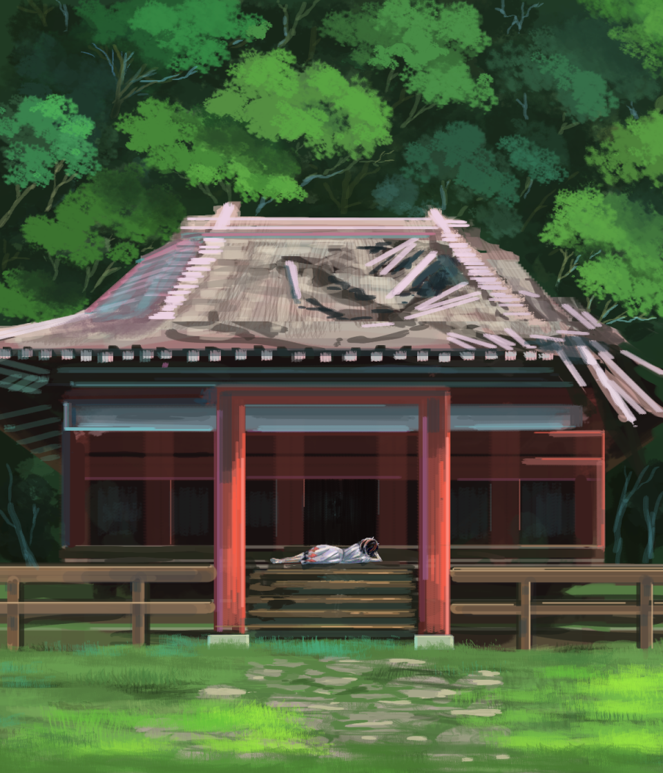 1girl broken commentary_request dress fence forest grass horns kijin_seija lying multicolored_hair nature on_side ruins scenery shrine sketch solo stairs streaked_hair suzu_(susan_slr97) touhou white_dress