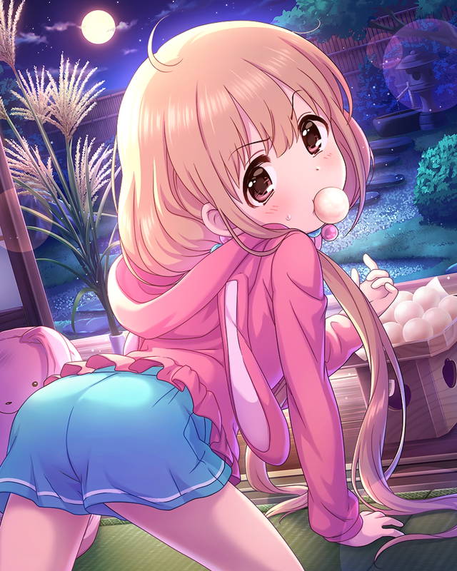 1girl animal_hood artist_request blonde_hair brown_eyes bunny_hood full_moon futaba_anzu head_out_of_frame hood idolmaster idolmaster_cinderella_girls long_hair low_twintails moon official_art shirt stuffed_animal stuffed_bunny stuffed_toy t-shirt tatami tree twintails