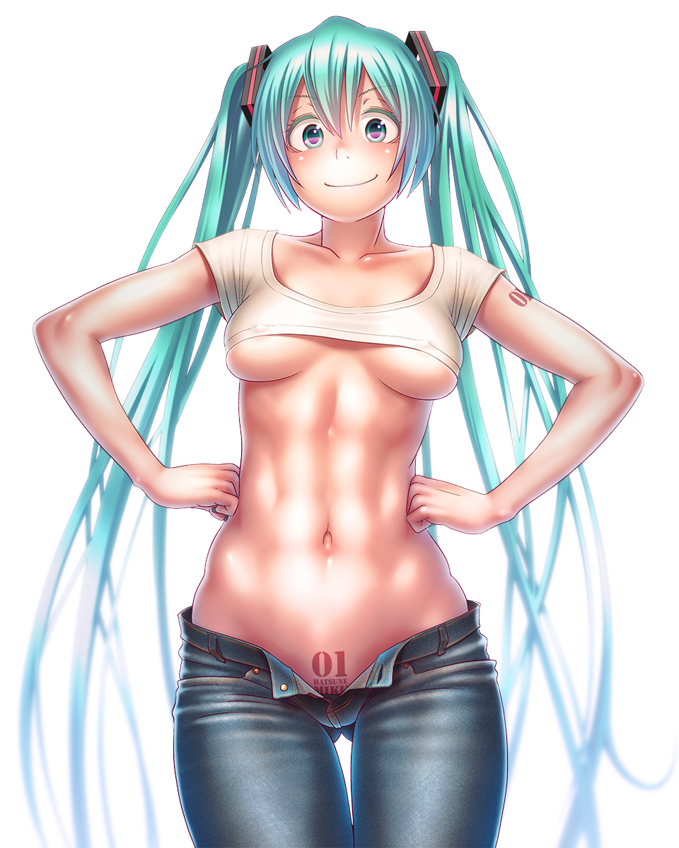 1girl abs aqua_eyes aqua_hair breasts character_name cowboy_shot denim erect_nipples green_hair hands_on_hips hatsune_miku highres jeans long_hair looking_at_viewer navel number_tattoo pants smile solo tattoo twintails under_boob very_long_hair vocaloid white_background wokada