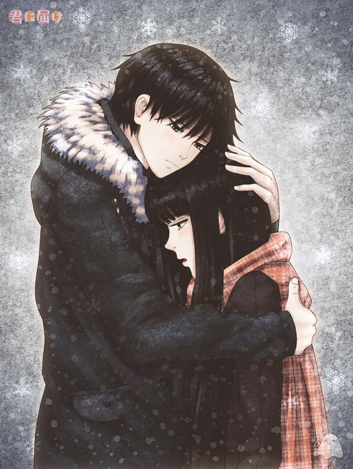 1boy 1girl arm_at_side bangs black_coat black_eyes black_hair blunt_bangs blush brown_eyes bush closed_mouth coat copyright_name critter100 from_side fur_trim hand_on_another's_back hand_on_another's_head hooded_coat hug kazehaya_shouta kimi_ni_todoke kuronuma_sawako long_hair long_sleeves looking_at_another parted_lips plaid plaid_scarf red_scarf scarf short_hair snow snowflakes snowing very_long_hair watermark
