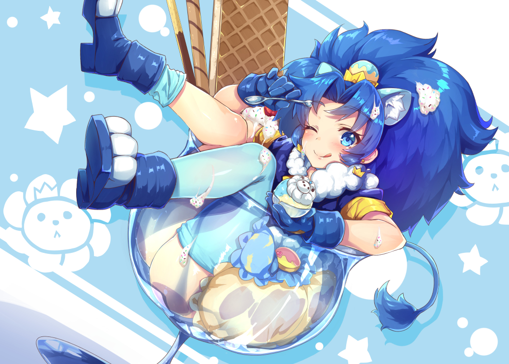 1girl ;q animal_ears bangs blue blue_background blue_eyes blue_gloves blue_hair blue_legwear blue_shirt blue_shoes blush cookie crown cure_gelato earrings extra_ears food glass gloves ice_cream in_container jewelry kirakira_precure_a_la_mode lion_ears lion_tail long_hair looking_at_viewer magical_girl mini_crown one_eye_closed parted_bangs precure satou_(kuso-neet) shirt shoes single_thighhigh skirt smile solo tail tategami_aoi thigh-highs tongue tongue_out white_skirt