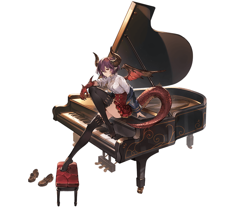 1girl bangs black_legwear blazer breasts brown_hair chair dragon_horns dragon_tail dragon_wings full_body granblue_fantasy grea_(shingeki_no_bahamut) horns instrument jacket looking_at_viewer minaba_hideo off_shoulder official_art piano plantar_flexion pointy_ears red_eyes shirt shoes short_hair sitting skirt solo tail thigh-highs torn_clothes transparent_background wings