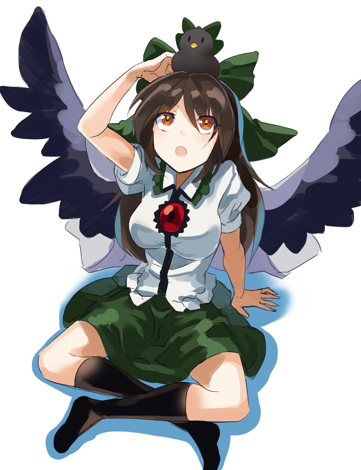 1girl :o bangs black_legwear black_wings bow breasts brown_eyes brown_hair cape eyebrows_visible_through_hair full_body green_bow green_skirt hair_between_eyes hair_bow highres kneehighs long_hair looking_up medium_breasts no_shoes open_mouth reiuji_utsuho reiuji_utsuho_(bird) rin_falcon simple_background sitting skirt solo third_eye touhou white_background white_cape wings