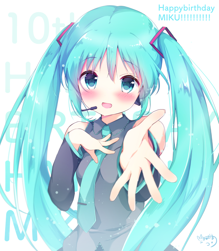 1girl amedamacon aqua_necktie artist_name bangs blush character_name detached_sleeves eyebrows_visible_through_hair gradient grey_shirt hair_between_eyes hand_on_own_chest happy_birthday hatsune_miku headset long_hair looking_at_viewer necktie open_mouth outstretched_hand shirt sidelocks signature simple_background sleeveless sleeveless_shirt smile solo tareme twintails upper_body very_long_hair vocaloid white_background