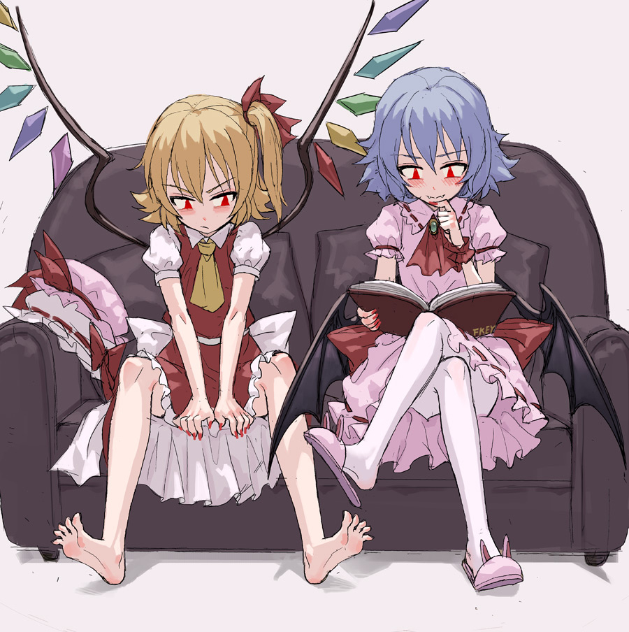 2girls ascot bangs bare_legs barefoot bat_wings blonde_hair blue_hair book brooch couch fkey flandre_scarlet hat hat_removed hat_ribbon headwear_removed jewelry legs_crossed looking_down mob_cap multiple_girls nail_polish pantyhose pink_skirt puffy_short_sleeves puffy_sleeves reading red_eyes red_nails red_ribbon red_skirt remilia_scarlet ribbon ribbon-trimmed_skirt ribbon_trim short_hair short_sleeves siblings sisters sitting skirt skirt_set touhou v_arms vest white_legwear wings