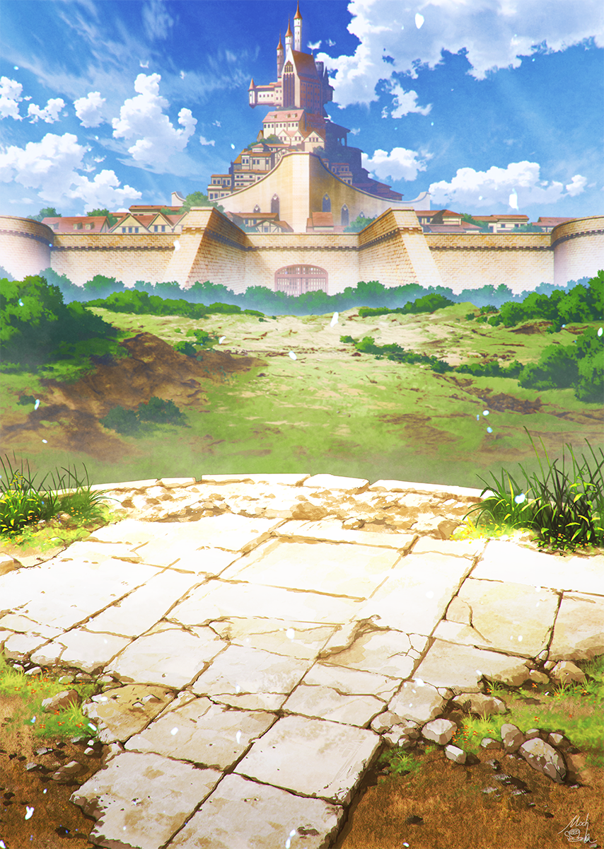 blue_sky building bush castle clouds cloudy_sky day fantasy gate grass highres last_boss_no_mukougawa mocha_(cotton) no_humans original outdoors plant scenery sky stone_floor tower wall