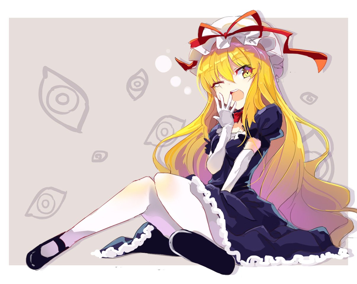 1girl black_shoes blonde_hair blue_dress bow bowtie dress elbow_gloves full_body gloves hand_to_own_mouth hand_up hat hat_ribbon knees_together_feet_apart long_hair looking_at_viewer mary_janes mob_cap one_eye_closed open_mouth outside_border pantyhose red_bow red_bowtie red_ribbon ribbon rin_falcon shoes short_sleeves sidelocks sitting solo tears touhou very_long_hair white_gloves white_hat white_legwear yakumo_yukari yawning yellow_eyes