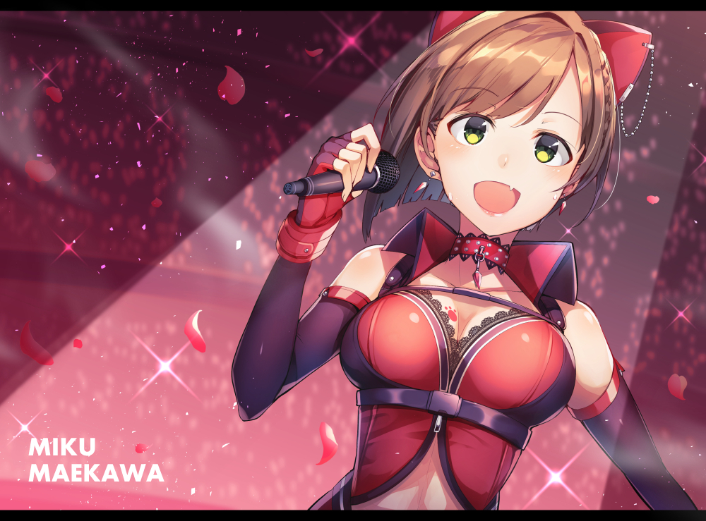 1girl :d animal_ears audience bare_shoulders blush breast_tattoo breasts brown_hair cat_ears character_name choker cleavage earrings elbow_gloves eyebrows_visible_through_hair fang fingerless_gloves gloves green_eyes idolmaster idolmaster_cinderella_girls indoors jewelry kouda_hayato_(e-gis) lace_trim large_breasts lips looking_at_viewer maekawa_miku microphone open_mouth paw_print petals short_hair smile solo spotlight sweat tattoo upper_body zipper