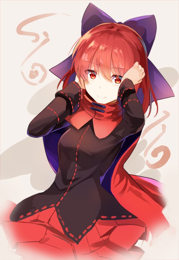 1girl arms_up bangs blush bow cape closed_mouth cowboy_shot eyebrows_visible_through_hair hair_between_eyes hair_bow long_sleeves looking_at_viewer pleated_skirt purple_bow red_eyes red_skirt redhead rin_falcon sekibanki short_sleeves skirt smile solo touhou