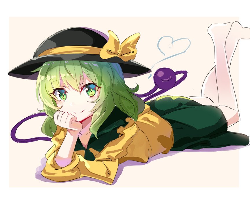 1girl bangs barefoot black_hat blush bow closed_mouth eyebrows_visible_through_hair full_body green_eyes green_hair green_skirt hand_on_own_chin hat hat_bow heart komeiji_koishi looking_at_viewer lying on_back rin_falcon skirt smile solo the_pose third_eye touhou yellow_bow