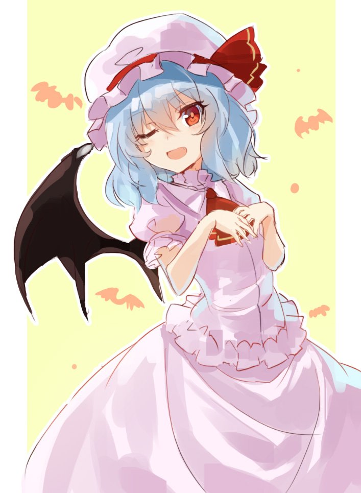 1girl ascot bangs bat_wings black_wings blue_hair blush bow eyebrows_visible_through_hair fang hat hat_bow looking_at_viewer mob_cap one_eye_closed open_mouth pink_skirt puffy_short_sleeves puffy_sleeves red_bow red_eyes remilia_scarlet rin_falcon short_hair short_sleeves single_wing skirt solo touhou white_hat wings