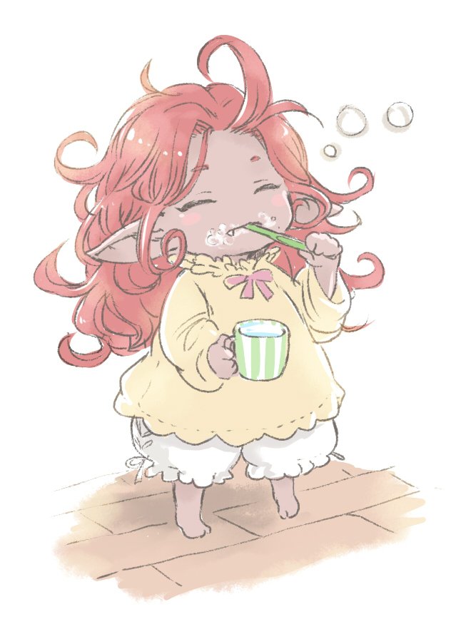 1girl alternate_costume alternate_hairstyle blush_stickers brushing_teeth closed_eyes commentary commentary_request cup dark_skin fang fang_out funf granblue_fantasy hoshikuzushi long_hair messy_hair pajamas pointy_ears redhead ribbon sleepy wavy_hair