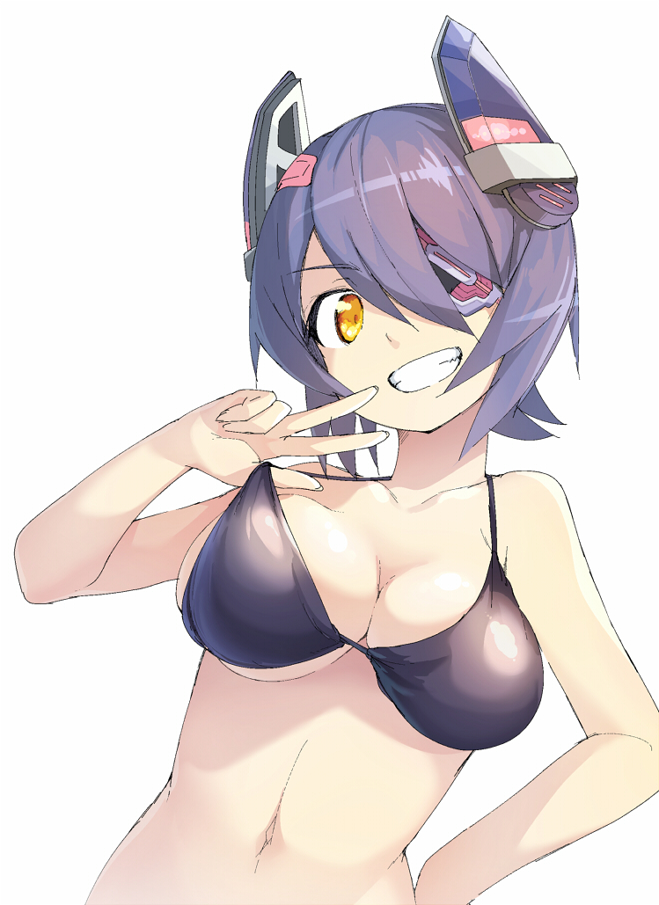 1girl bikini_top black_bikini_top breasts cleavage eyepatch grin hair_over_one_eye halterneck hand_on_hip headgear kantai_collection looking_at_viewer magenta_(atyana) medium_breasts navel purple_hair short_hair simple_background smile solo tenryuu_(kantai_collection) w white_background yellow_eyes