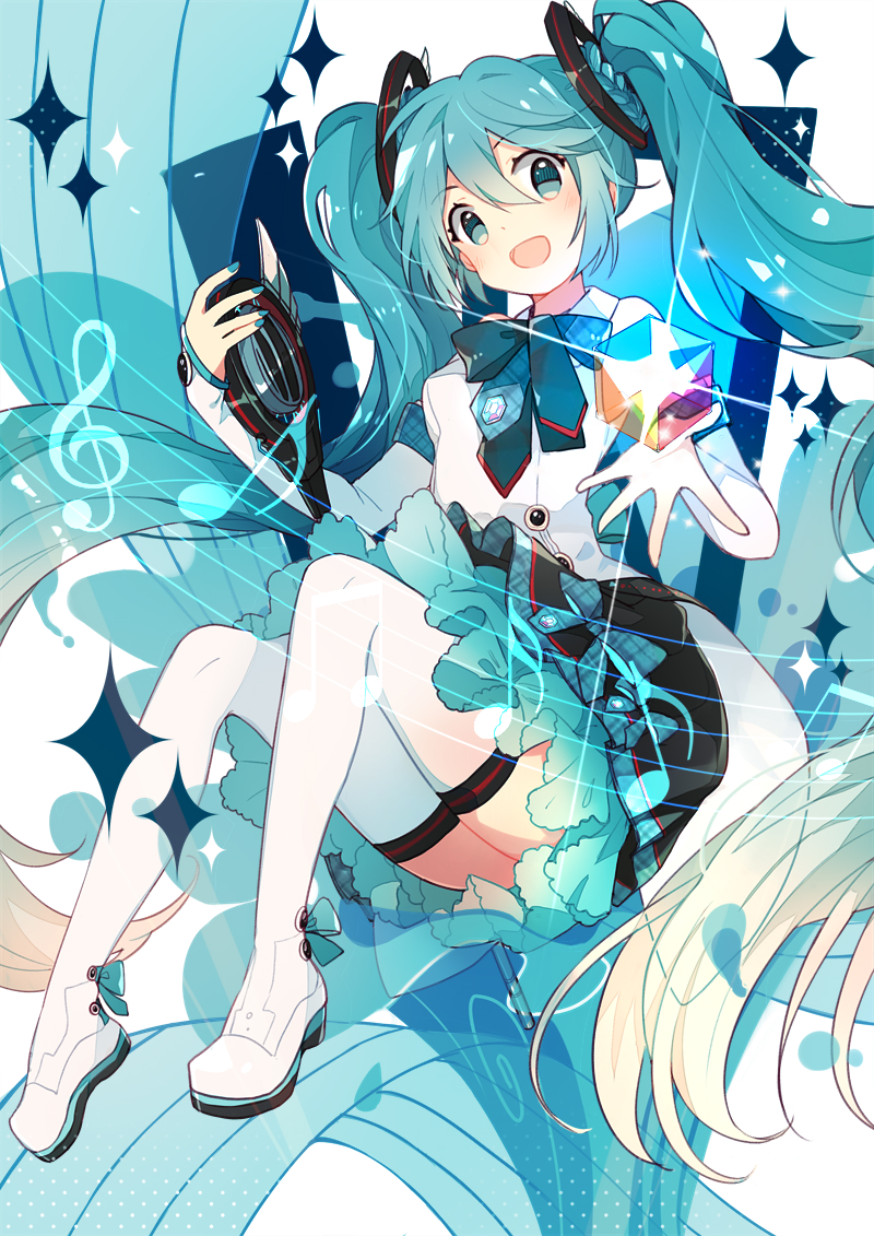 1girl aqua_eyes aqua_hair bangs black_skirt boots cube detached_sleeves eyebrows_visible_through_hair full_body fuuko_(2679566944) glint hair_between_eyes hands_up hatsune_miku holding long_hair looking_at_viewer musical_note open_mouth quaver semiquaver sheet_music sidelocks sitting skirt smile solo sparkle tareme thigh-highs thigh_boots treble_clef twintails very_long_hair vocaloid white_boots white_legwear