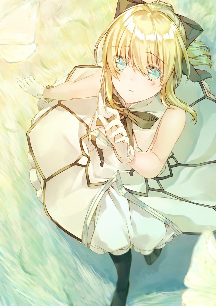1girl arm_up artoria_pendragon_(all) bangs black_bow blonde_hair blue_eyes bow closed_mouth dress eyebrows_visible_through_hair fate/stay_night fate/unlimited_codes fate_(series) from_above gloves hair_between_eyes hair_bow long_hair looking_at_viewer looking_up ponytail saber_lily saijou_haruki sidelocks solo white_dress white_gloves