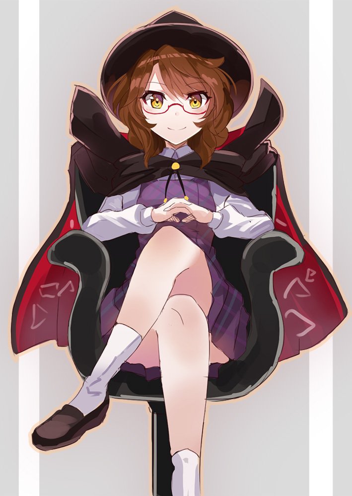 1girl bangs black_hat brown_hair brown_shoes cape chair closed_mouth collared_shirt eyebrows_visible_through_hair glasses hat legs_crossed long_sleeves looking_at_viewer own_hands_together red-framed_eyewear rin_falcon semi-rimless_glasses shirt shoes sitting smile socks solo touhou under-rim_glasses usami_sumireko white_legwear white_shirt yellow_eyes