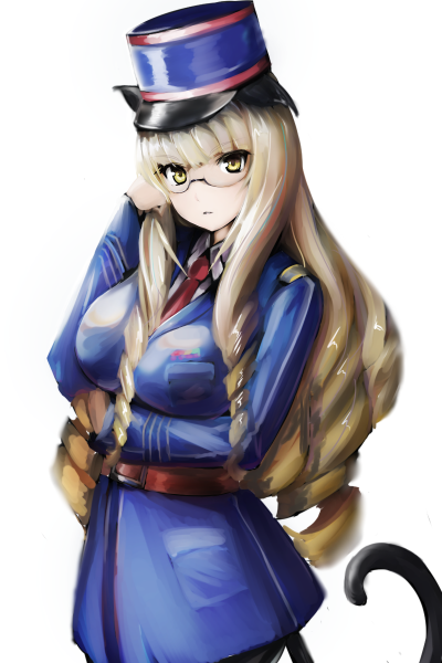 1girl aegis_(nerocc) animal_ears bangs blonde_hair breast_hold breasts cat_ears cat_tail cowboy_shot drill_hair glasses hat large_breasts long_hair long_sleeves looking_at_viewer military military_hat military_uniform necktie perrine_h_clostermann red_necktie rimless_glasses simple_background solo strike_witches tail uniform white_background world_witches_series yellow_eyes