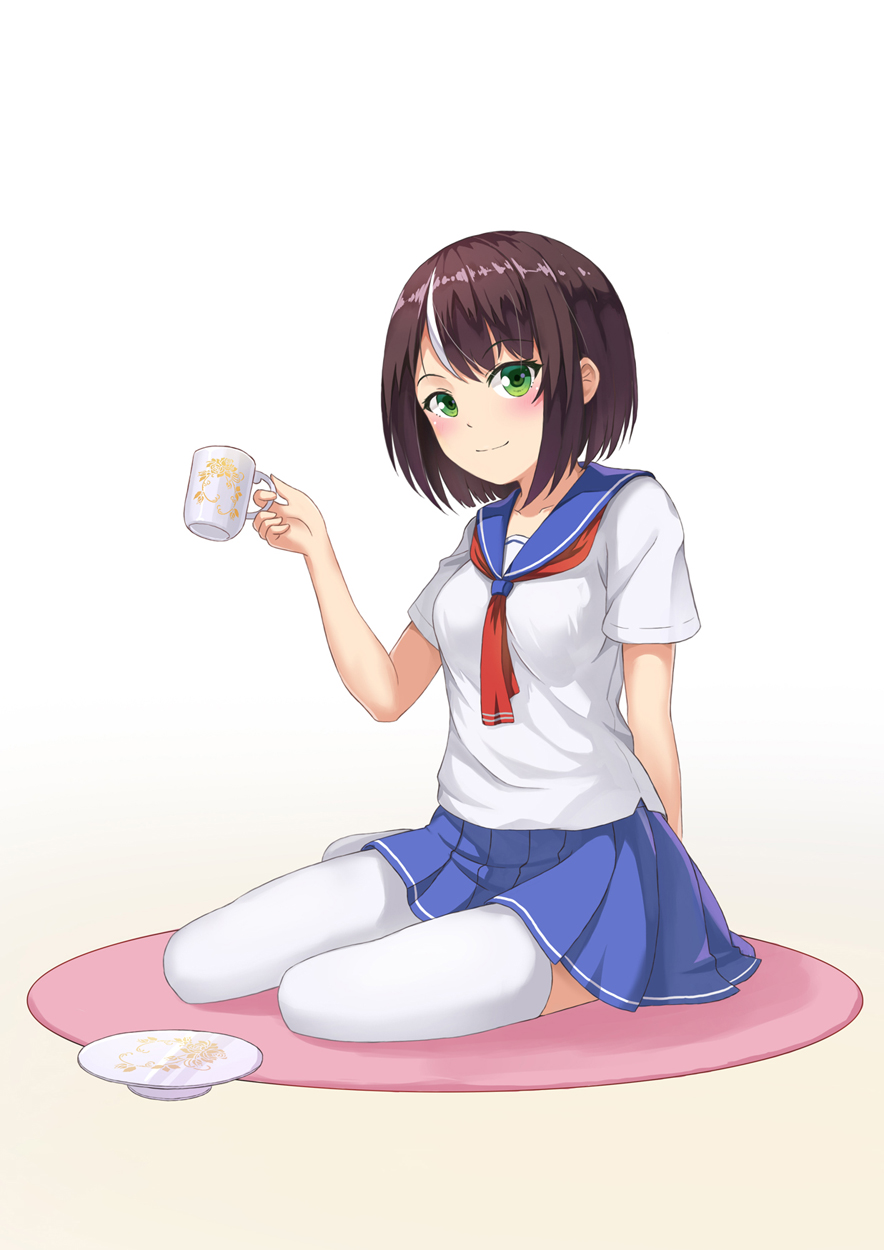 1girl blue_skirt blush breasts brown_hair character_request closed_mouth collarbone copyright_request cup eyebrows_visible_through_hair green_eyes highres holding holding_cup kemo_(pokka) large_breasts school_uniform serafuku short_hair sitting skirt smile solo thigh-highs white_hair white_legwear