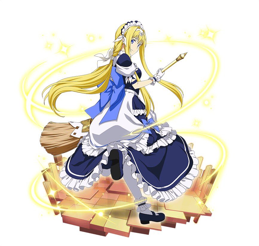 1girl alice_schuberg blonde_hair blue_bow blue_dress blue_eyes blue_shoes bow dress floating_hair frilled_dress frills from_behind full_body hair_ribbon holding layered_dress long_hair looking_at_viewer looking_back maid maid_headdress one_leg_raised ponytail ribbon shoes simple_background smile solo standing standing_on_one_leg sword_art_online very_long_hair white_background white_legwear white_ribbon