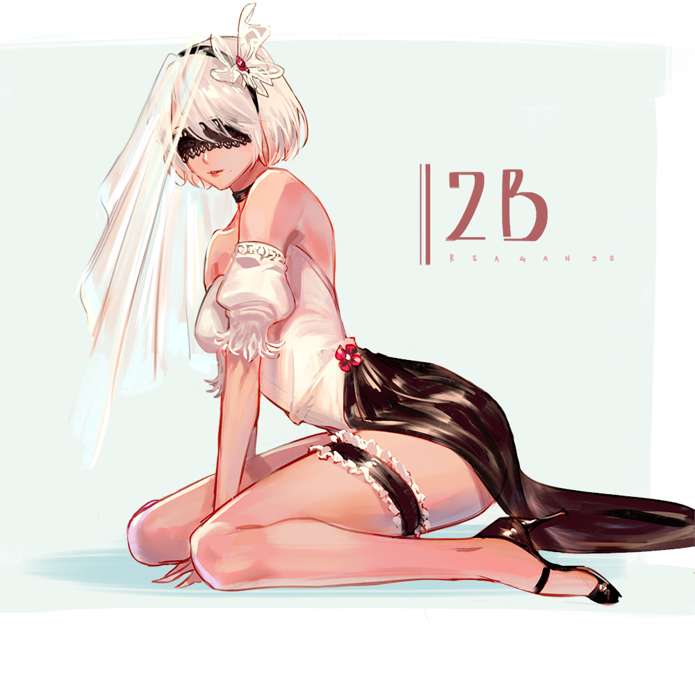 1girl alternate_costume alternate_footwear artist_name bare_shoulders black_hairband blindfold blue_eyes character_name choker covered_eyes detached_sleeves dress frills full_body garters hairband high_heels legs lips long_dress looking_at_viewer making_of mole mole_under_mouth nier_(series) nier_automata no_legwear puffy_short_sleeves puffy_sleeves reagan see-through short_sleeves sitting solo stiletto_heels strapless strapless_dress veil wariza yorha_no._2_type_b