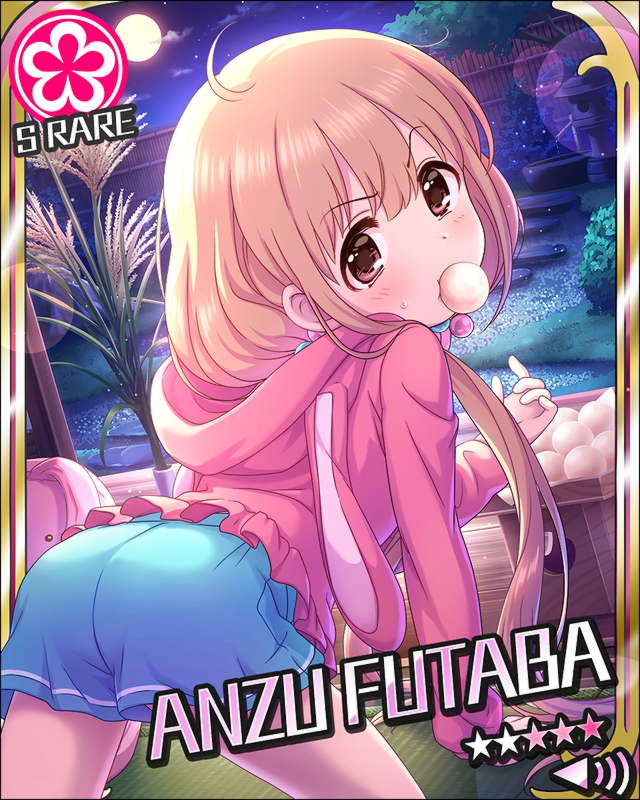 1girl artist_request blonde_hair brown_eyes card_(medium) character_name flower_(symbol) futaba_anzu idolmaster idolmaster_cinderella_girls long_hair low_twintails official_art shirt stuffed_animal stuffed_bunny stuffed_toy t-shirt twintails