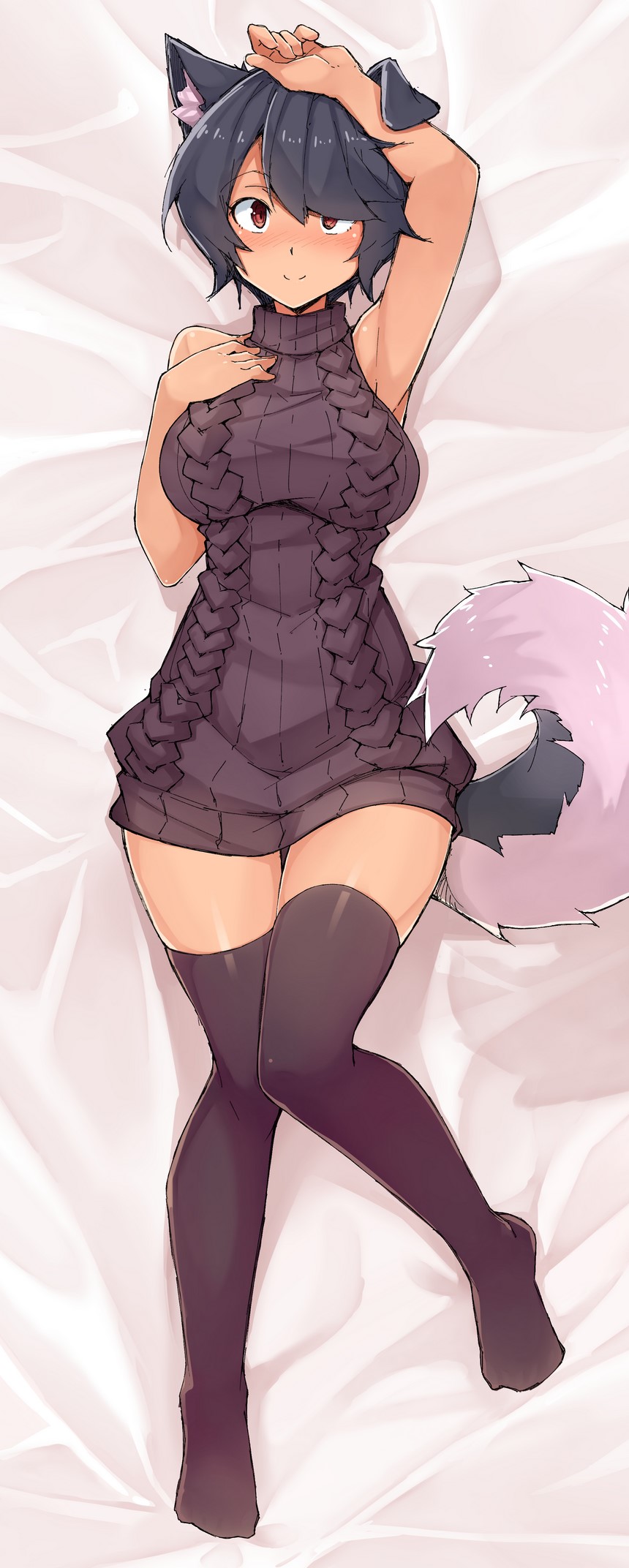 1girl animal_ears armpits bangs bare_arms bare_shoulders bed bed_sheet black_hair blush breasts brown_eyes closed_mouth commentary dakimakura dog_ears dog_girl dog_tail e-qi eyebrows_visible_through_hair from_above full_body hand_on_own_chest hand_up highres knees_together_feet_apart large_breasts looking_at_viewer lying on_back on_bed original purple_sweater ribbed_sweater short_hair smile solo sweater sweater_vest tail thigh-highs turtleneck turtleneck_sweater