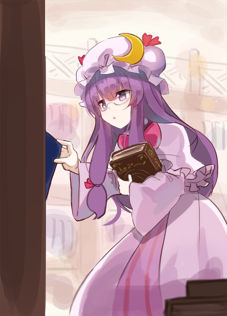 1girl bangs book bow bowtie capelet crescent crescent_moon_pin dress eyebrows_visible_through_hair hair_bow hat holding holding_book indoors long_hair long_sleeves mob_cap patchouli_knowledge purple_hair red_bow red_bowtie rin_falcon shelf sidelocks solo touhou triangle_mouth violet_eyes white_hat wide_sleeves