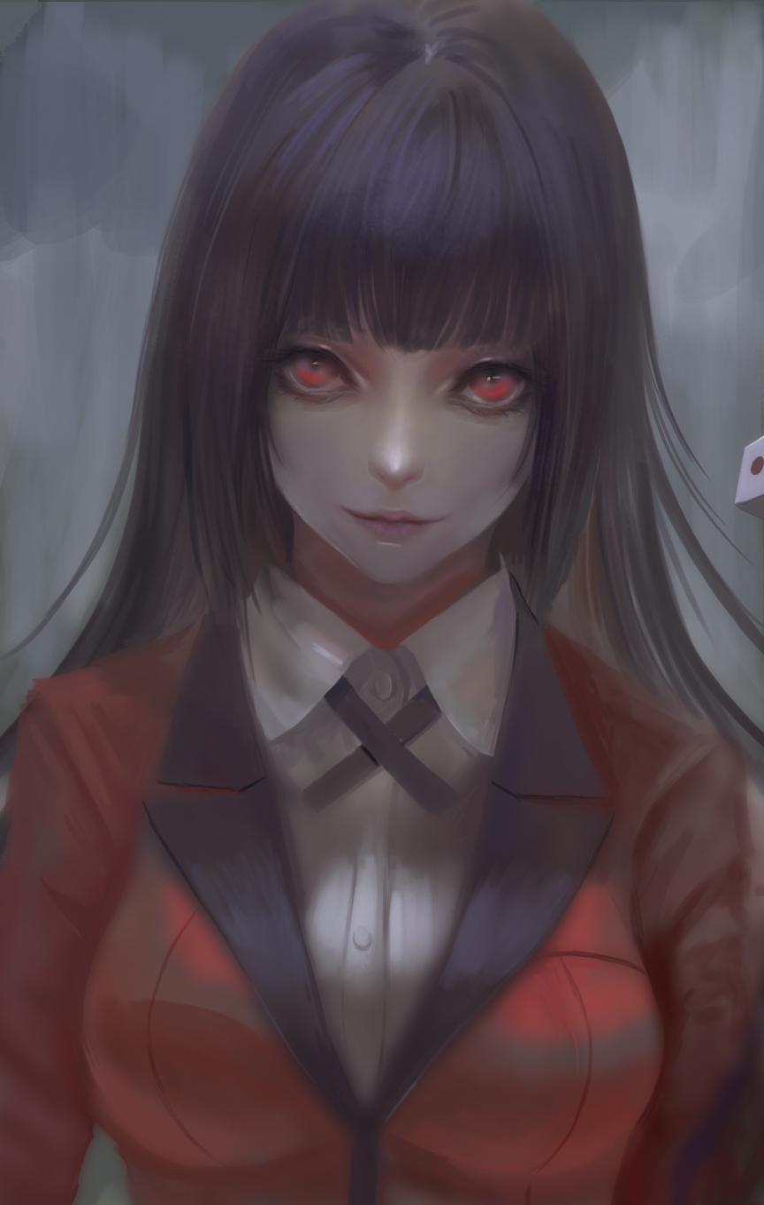 1girl bangs black_hair blazer blunt_bangs dark fufu highres hime_cut jabami_yumeko jacket kakegurui lips long_hair looking_at_viewer red_eyes school_uniform solo upper_body very_long_hair