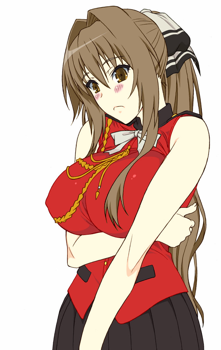 1girl amagi_brilliant_park bangs blush breasts colorized hair_bow large_breasts long_hair ponytail sento_isuzu shichimenchou skirt solo