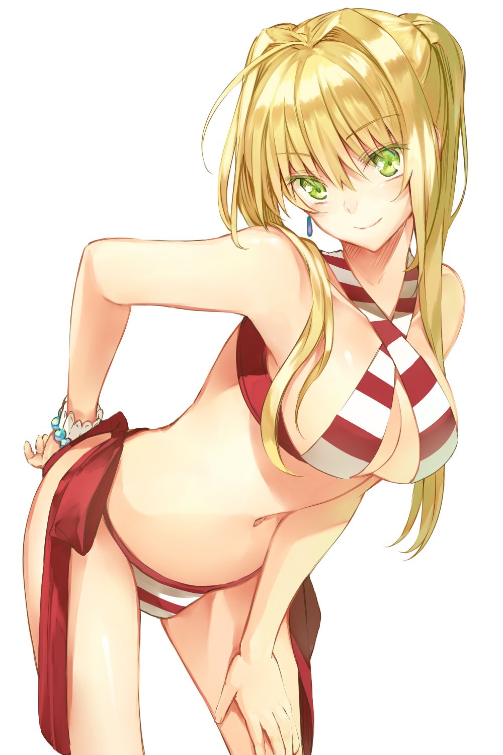 1girl ahoge arm_behind_back bangs bead_bracelet beads bikini blonde_hair blush bracelet breasts cleavage closed_mouth criss-cross_halter eyebrows_visible_through_hair fate/grand_order fate_(series) green_eyes hair_between_eyes hair_intakes hair_over_shoulder halter_top halterneck hand_on_thigh highres jewelry large_breasts leaning_forward long_hair looking_at_viewer navel nero_claudius_(swimsuit_caster)_(fate) red_bikini saber_extra saijou_haruki side-tie_bikini sidelocks simple_background smile solo striped striped_bikini swimsuit tsurime twintails white_background white_bikini