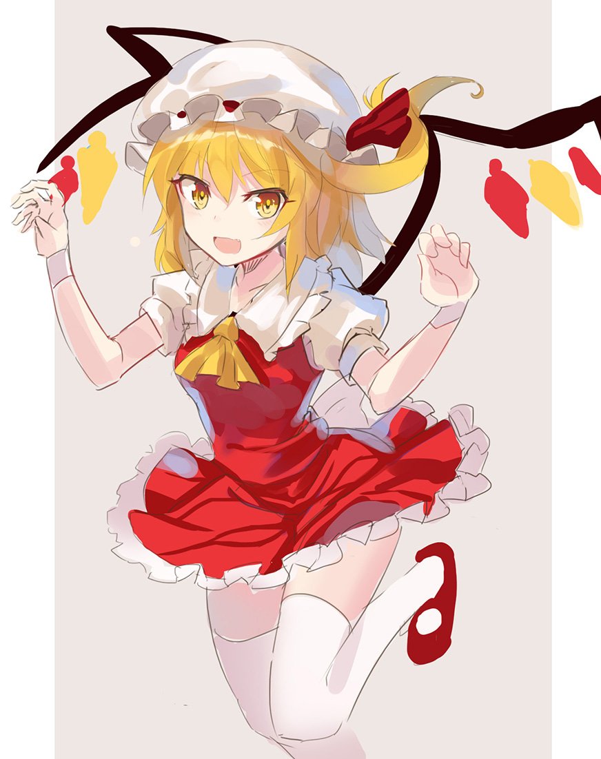 1girl ascot bangs blonde_hair blush bow eyebrows_visible_through_hair fang flandre_scarlet hair_between_eyes hat hat_bow looking_at_viewer mob_cap open_mouth puffy_short_sleeves puffy_sleeves red_bow red_shoes rin_falcon shoes short_sleeves side_ponytail smile solo thigh-highs touhou white_hat white_legwear yellow_eyes zettai_ryouiki