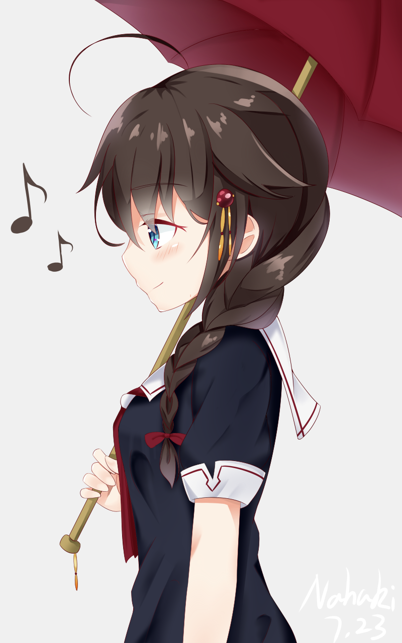 1girl ahoge black_serafuku black_shirt blue_eyes bow braid brown_hair dated eyebrows_visible_through_hair from_side grey_background hair_between_eyes hair_bow highres holding holding_umbrella kantai_collection long_hair musical_note nahaki neckerchief quaver red_bow red_neckerchief red_umbrella school_uniform serafuku shigure_(kantai_collection) shirt short_sleeves signature simple_background single_braid solo standing umbrella upper_body