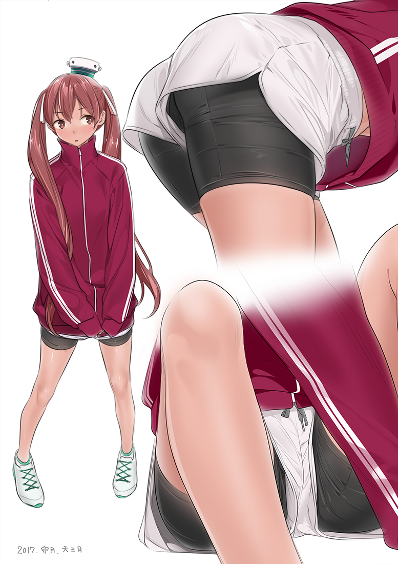 1girl alternate_costume ama_mitsuki bending_forward bike_shorts bike_shorts_under_shorts bow brown_eyes brown_hair casual contemporary dark_skin dated eyebrows_visible_through_hair full_body gym_shorts hair_between_eyes hair_bow jacket kantai_collection libeccio_(kantai_collection) lips looking_to_the_side multiple_views parted_lips shoes shorts simple_background sitting sleeves_past_wrists sneakers sportswear thighs track_jacket twintails upshorts white_background zipper