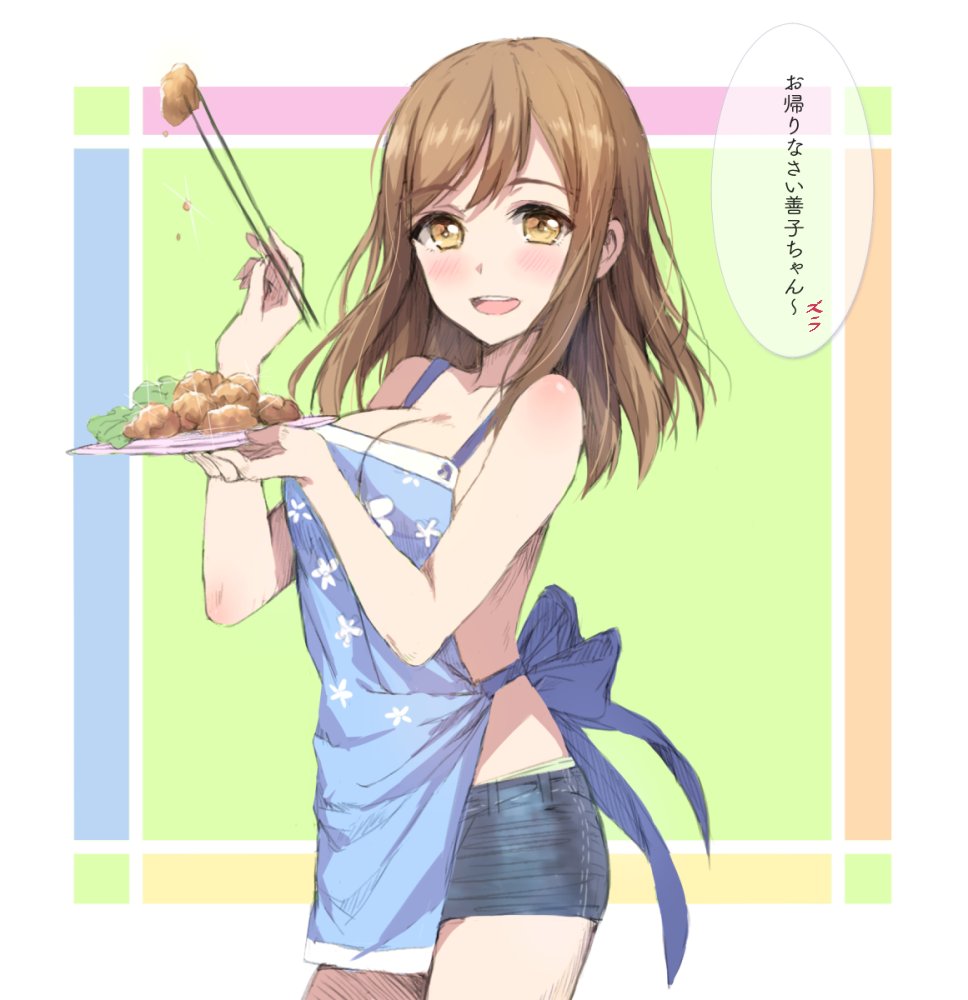 1girl apron bangs bare_arms bare_shoulders blush breasts brown_hair chopsticks cleavage commentary_request cowboy_shot denim denim_shorts eyebrows_visible_through_hair food food_request from_side holding holding_chopsticks holding_food holding_plate kunikida_hanamaru large_breasts light_brown_eyes long_hair looking_at_viewer love_live! love_live!_sunshine!! nearly_naked_apron no_bra parted_lips plate shorts smile solo speech_bubble tonee translation_request