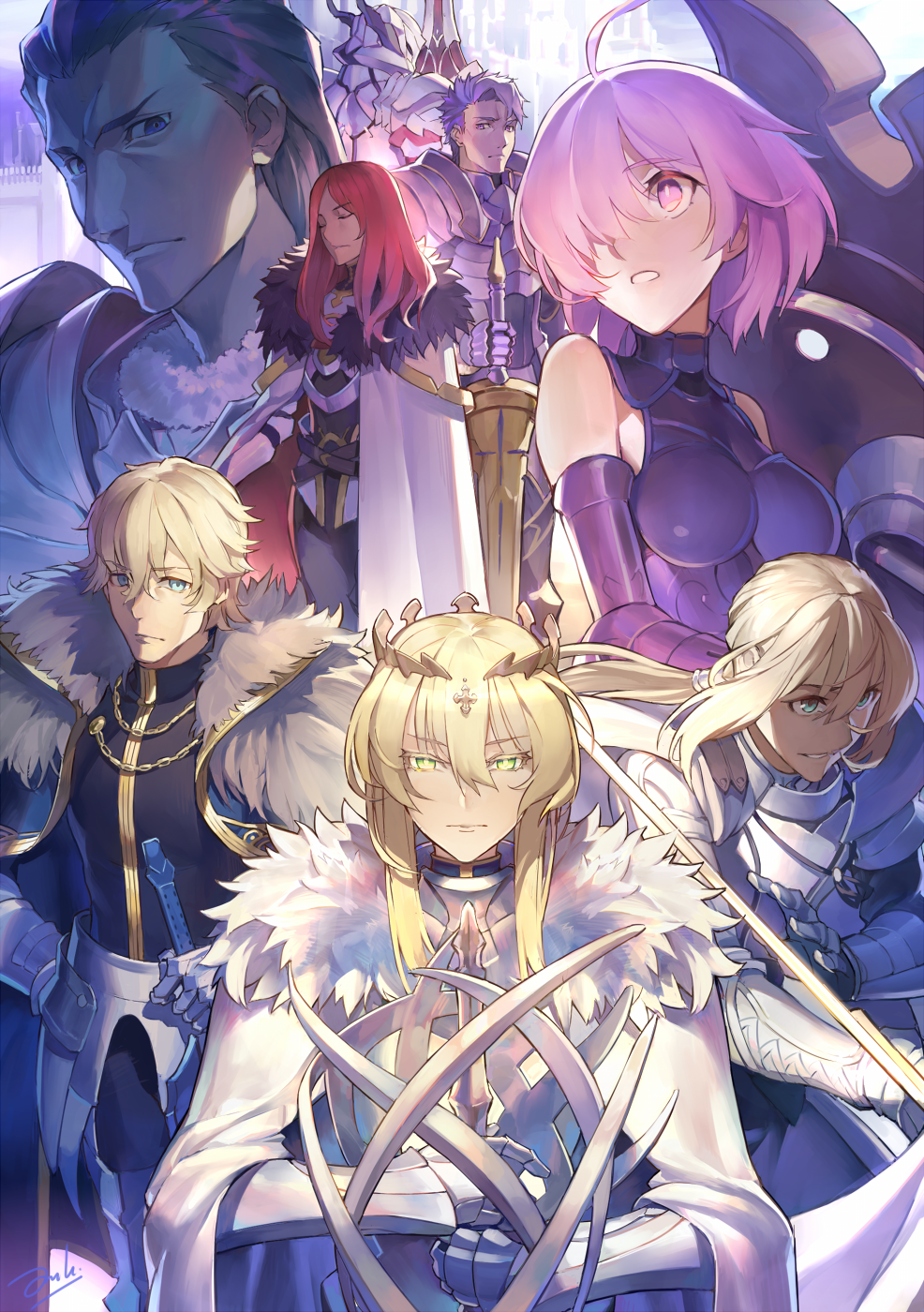 3girls 5boys armor armored_dress artoria_pendragon_(all) artoria_pendragon_(lancer) bangs bedivere bianyuanqishi blonde_hair blue_eyes breastplate cloak closed_eyes closed_mouth crown elbow_gloves eyebrows_visible_through_hair fate/apocrypha fate/extra fate/grand_order fate_(series) forehead full_armor fur_trim gauntlets gawain_(fate/extra) gloves green_eyes hair_between_eyes highres holding holding_shield holding_sword holding_weapon lancelot_(fate/grand_order) long_hair looking_at_viewer multiple_boys multiple_girls parted_lips pauldrons planted_weapon purple_gloves purple_hair redhead saber_of_red serious sheath sheathed shield shielder_(fate/grand_order) sidelocks silver_hair sword tristan_(fate/grand_order) uniform violet_eyes weapon