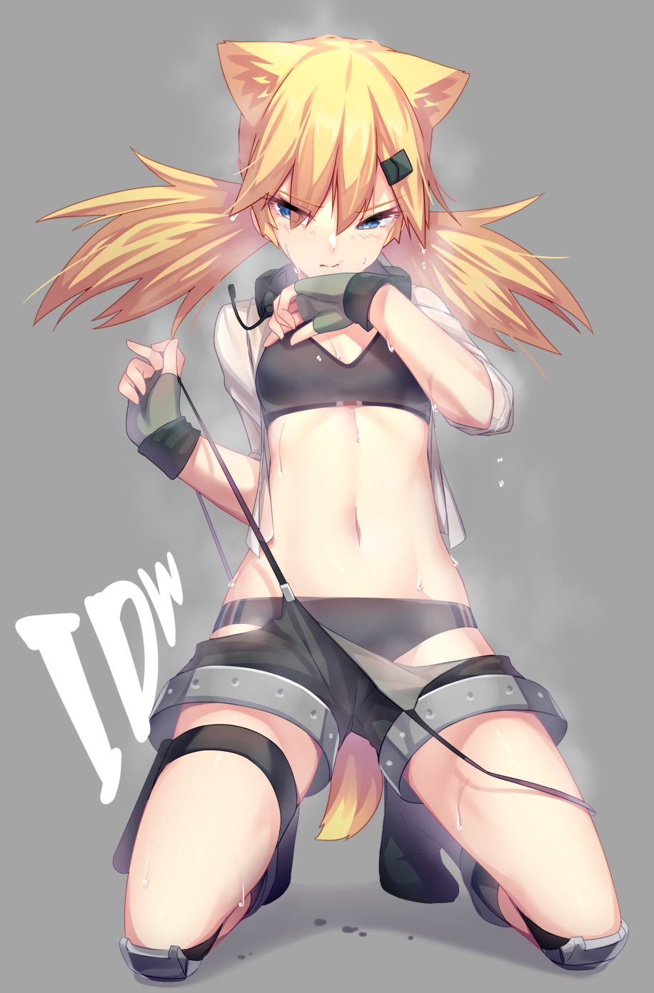 1girl animal_ears bangs bikini black_bikini black_legwear blonde_hair blue_eyes blush breasts character_name closed_mouth commentary_request dev dripping eyebrows_visible_through_hair fingerless_gloves full_body girls_frontline gloves grey_background grey_gloves highres hot idw_(girls_frontline) knee_pads kneehighs kneeling long_hair navel open_clothes open_shirt revision shirt shorts simple_background sleeves_rolled_up small_breasts solo sports_bikini suspender_shorts suspenders sweat sweating swimsuit thighs tsurime twintails wiping_sweat
