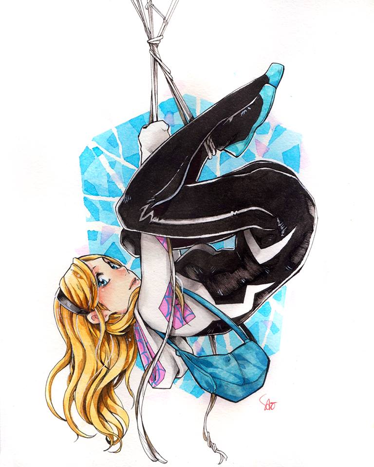 1girl blonde_hair blue_eyes bodysuit breasts gwen_stacy hairband hood looking_at_viewer marvel sao_(saowee) skin_tight solo spider-gwen spider_web_print superhero traditional_media