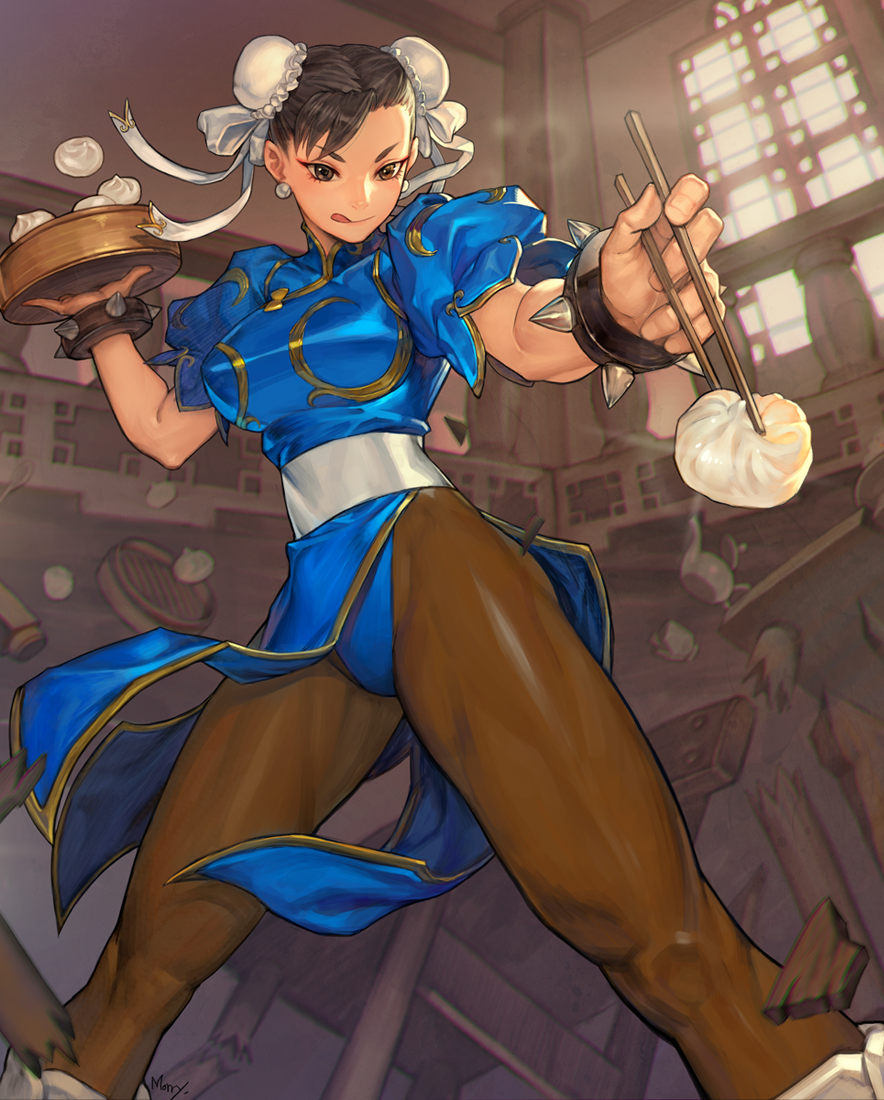 1girl baozi bracelet breasts chair chopsticks chun-li commentary_request earrings eyeshadow food hair_bun jewelry large_breasts makeup na_in-sung pantyhose pelvic_curtain plate short_eyebrows short_hair smile solo spiked_bracelet spikes street_fighter table teapot toned tongue tongue_out