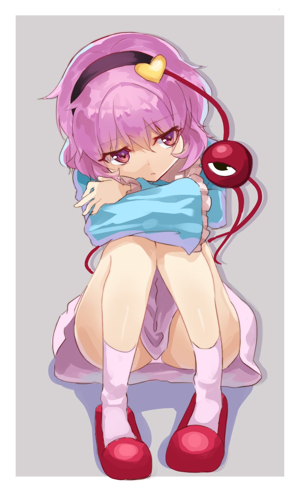 1girl bangs eyebrows_visible_through_hair full_body hair_between_eyes hairband heart highres knees_together_feet_apart komeiji_satori long_sleeves outside_border panties pantyshot pantyshot_(sitting) parted_lips pink_eyes pink_hair pink_skirt rin_falcon short_hair sitting skirt slippers socks solo third_eye touhou underwear white_legwear white_panties