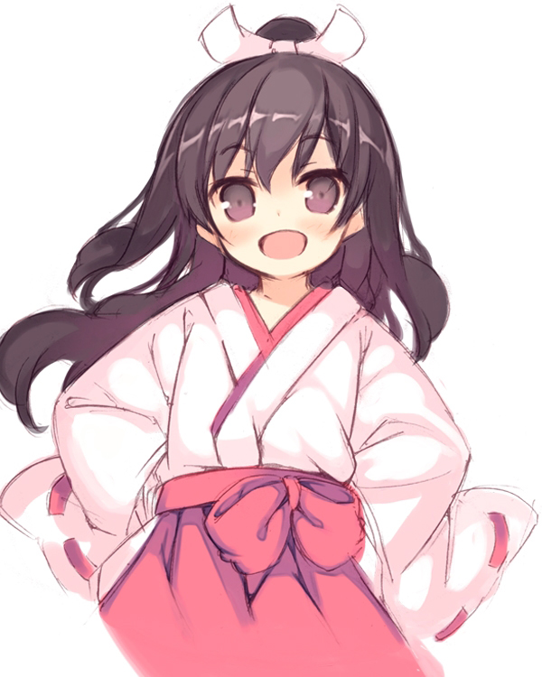 1girl :d bangs black_hair blush bow character_request copyright_request eyebrows_visible_through_hair hair_bow hakama hands_on_hips high_ponytail japanese_clothes kurasuke long_hair looking_at_viewer miko open_mouth red_skirt ribbon-trimmed_sleeves ribbon_trim simple_background skirt smile solo tsurime violet_eyes white_background white_bow