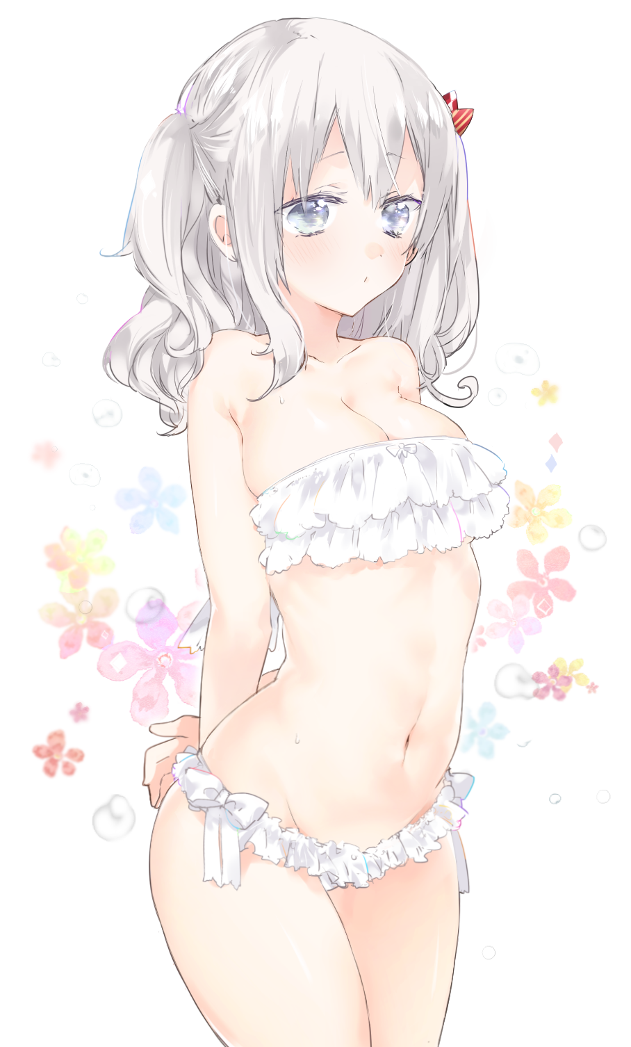 1girl arms_behind_back bare_shoulders bikini blush bow_bikini breasts cleavage commentary_request floral_background frilled_bikini frills groin highres kantai_collection kashima_(kantai_collection) large_breasts navel platinum_blonde revision sino_(sionori) solo swimsuit white_bikini
