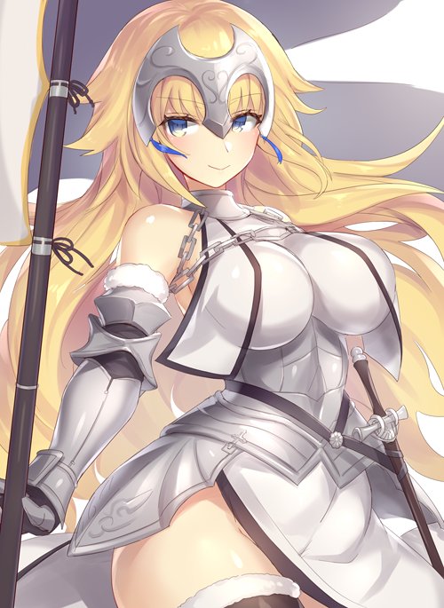1girl armor armored_dress bangs bare_shoulders belt blonde_hair blue_eyes blush breasts chains commentary_request dress eyebrows_visible_through_hair fate/apocrypha fate_(series) faulds flag fur-trimmed_legwear fur_trim gauntlets gorget headpiece hips jeanne_d&amp;#039;arc_(fate)_(all) large_breasts long_hair looking_at_viewer plackart ruler_(fate/apocrypha) sheath sheathed simple_background smile solo sword vambraces very_long_hair weapon white_background white_dress white_flag yamaarashi