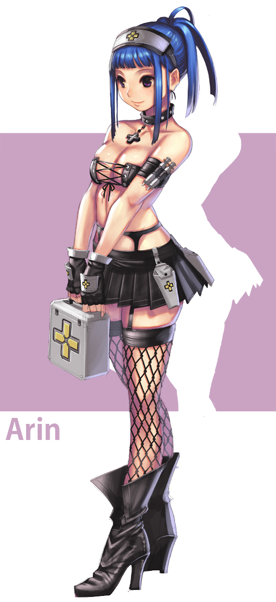 1girl arin arm_strap bandeau bare_shoulders black_boots black_gloves black_skirt blue_hair boots breasts brown_eyes character_name choker closed_mouth collarbone cross fingerless_gloves first_aid_kit fishnet_legwear fishnets full_body garter_belt garter_straps gloves hair_up hat high_heels highres kamdia large_breasts leather leather_boots nurse nurse_cap pangya pleated_skirt silhouette skirt smile solo standing syringe thigh-highs v_arms