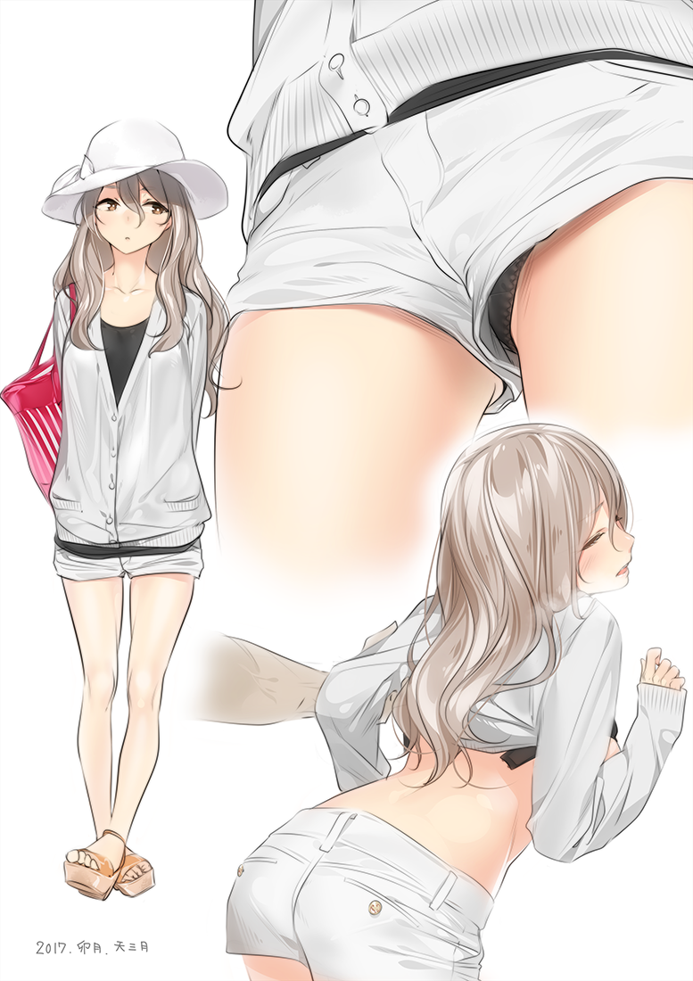 1girl alternate_costume ama_mitsuki arms_behind_back ass bangs black_panties black_shirt breasts breasts_outside brown_eyes closed_eyes dated denim denim_shorts from_behind from_below full_body hair_between_eyes hat jacket kantai_collection large_breasts leaning_forward long_hair looking_to_the_side midriff multiple_views panties parted_lips pola_(kantai_collection) shirt short_shorts shorts sidelocks sun_hat thighs track_jacket unbuttoned underwear upshorts wavy_hair