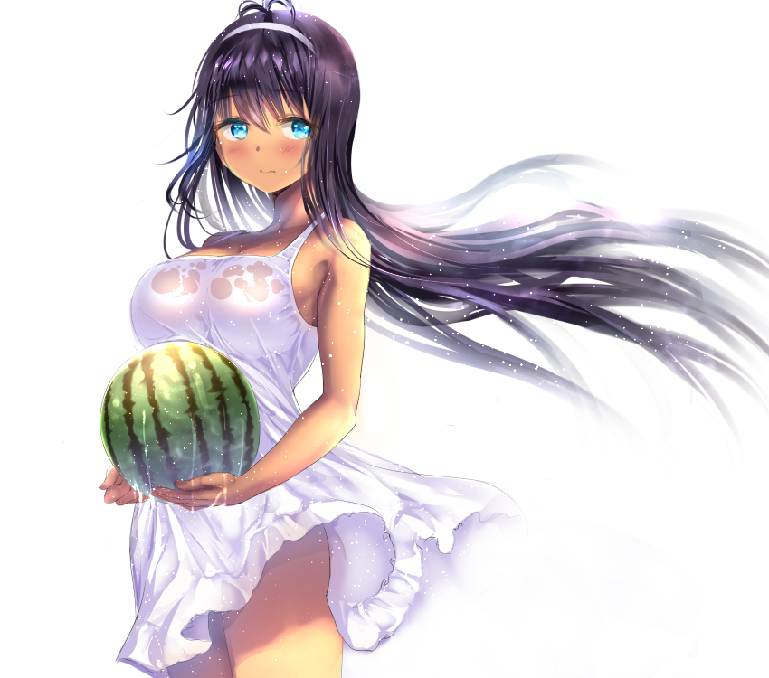 1girl :o antenna_hair bangs bare_arms bare_shoulders blue_eyes blush breasts cleavage cowboy_shot dress floating_hair food fruit gorua_(youce01) hairband large_breasts long_hair looking_at_viewer original purple_hair revision sidelocks solo sundress watermelon wet wet_clothes wet_dress white_dress