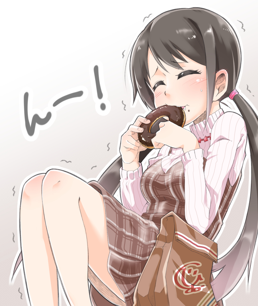 1girl black_hair blush closed_eyes commentary_request doughnut eating food idolmaster idolmaster_cinderella_girls idolmaster_cinderella_girls_starlight_stage long_hair nakano_yuka solo sweater takuma_(seiga) trembling turtleneck turtleneck_sweater twintails