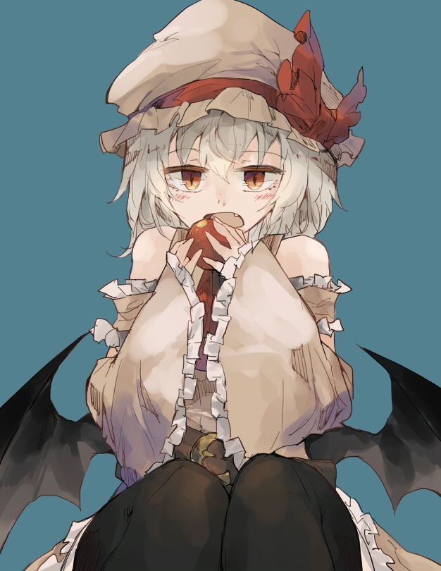 1girl alternate_costume apple bangs bat_wings belt black_legwear black_wings blue_background blush bow brown_eyes detached_sleeves eyebrows_visible_through_hair fang food fruit hair_between_eyes hat hat_bow holding holding_fruit long_sleeves looking_at_viewer mob_cap open_mouth pantyhose red_bow remilia_scarlet short_hair simple_background slit_pupils solo touhou white_hair white_hat wide_sleeves wings zairen
