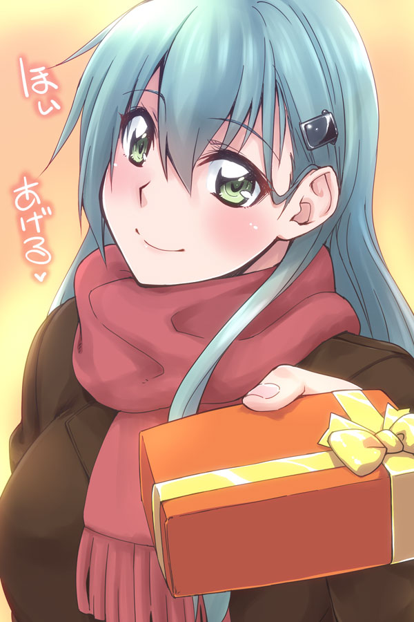 1girl aqua_hair blush breasts brown_jacket chocolate closed_mouth eyebrows_visible_through_hair gradient gradient_background green_eyes hair_between_eyes hair_ornament hairclip heart jacket kantai_collection large_breasts long_hair looking_at_viewer mikagami_sou scarf smile solo spoken_heart straight_hair suzuya_(kantai_collection) translation_request upper_body valentine yellow_background
