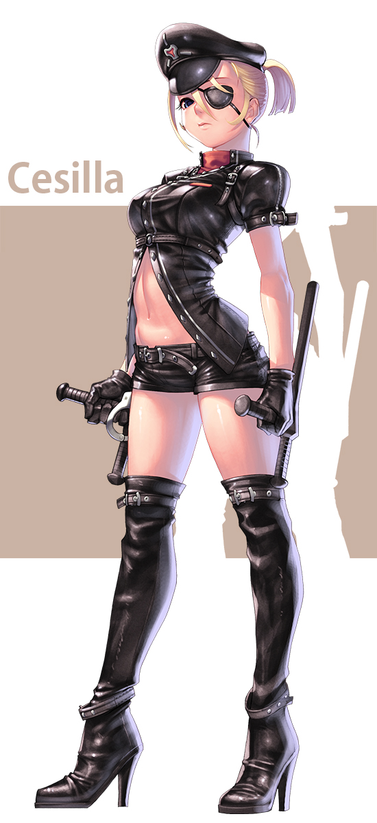 1girl alternate_hairstyle black_boots black_hat black_shirt black_shorts blonde_hair blue_eyes boots breasts cecilia_(pangya) character_name collarbone cuffs dual_wielding eyepatch full_body groin handcuffs hat high_heels highres kamdia large_breasts leather leather_boots leather_shirt leather_shorts navel pangya shirt short_hair short_ponytail short_shorts short_sleeves shorts silhouette solo standing thigh-highs thigh_boots truncheon turtleneck
