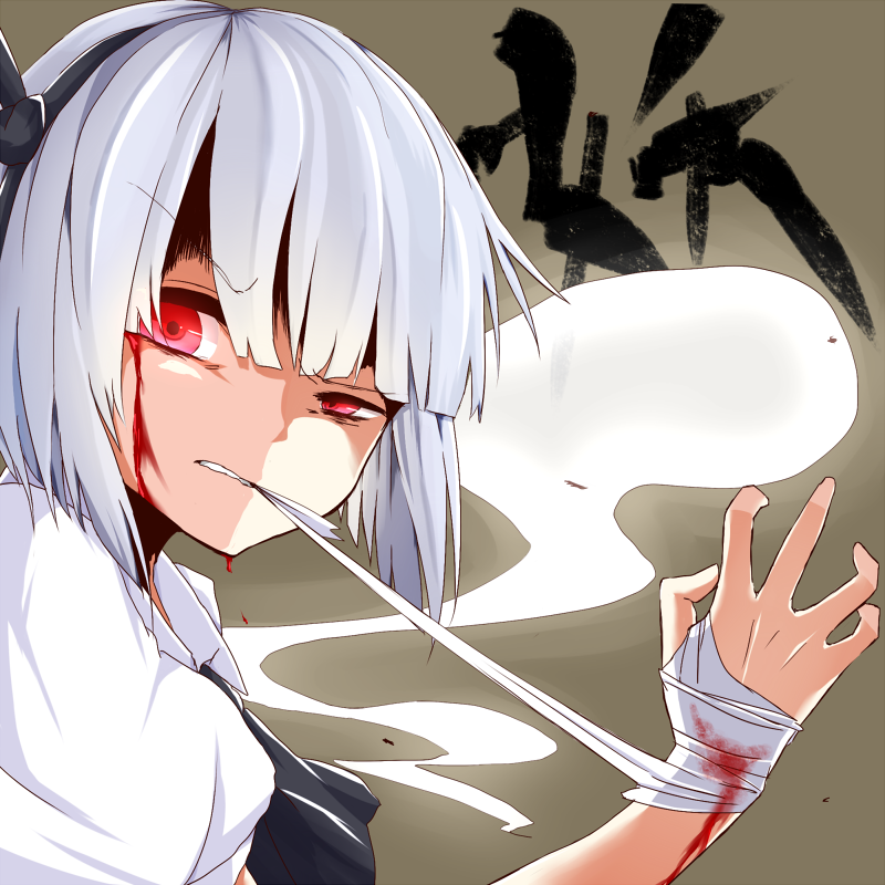1girl bandage bandaged_hands bangs black_ribbon blood blood_on_face blunt_bangs brown_background commentary_request hair_ribbon konpaku_youmu konpaku_youmu_(ghost) looking_at_viewer mouth_hold puffy_short_sleeves puffy_sleeves red_eyes ribbon short_hair short_sleeves silver_hair solo touhou uneven_eyes upper_body yamato_(muchuu_paradigm)